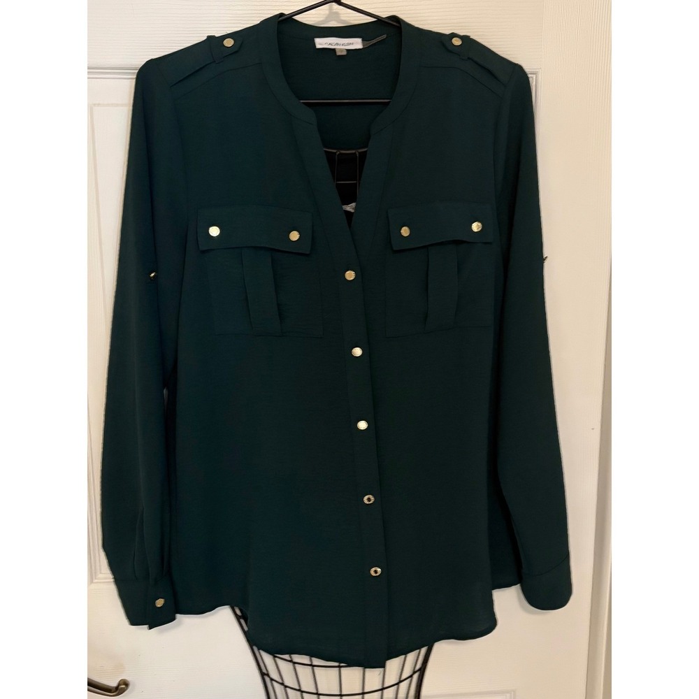 Calvin Klein Women's Small Forest Green Utility Blouse Gold Buttons Epaulets